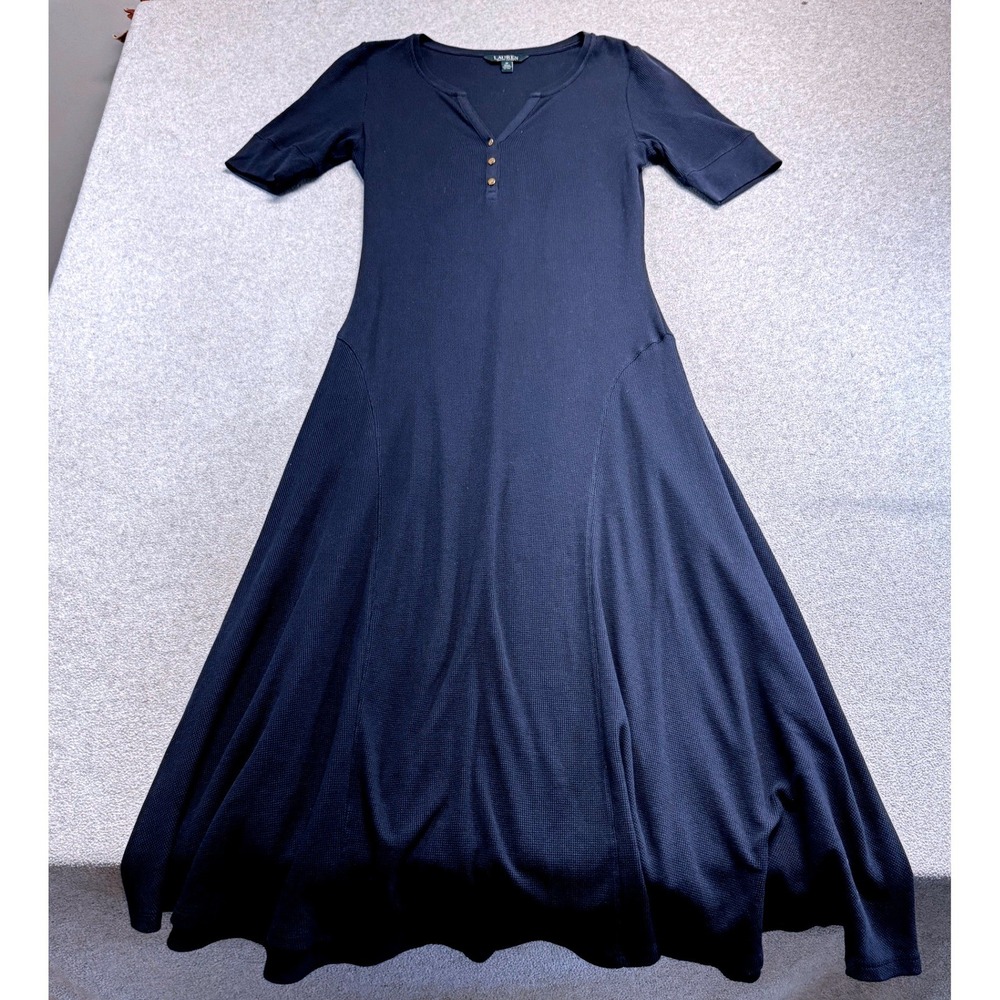 Lauren Ralph Lauren Womens M Navy Ribbed Henley Maxi Dress Flared A Line Classic